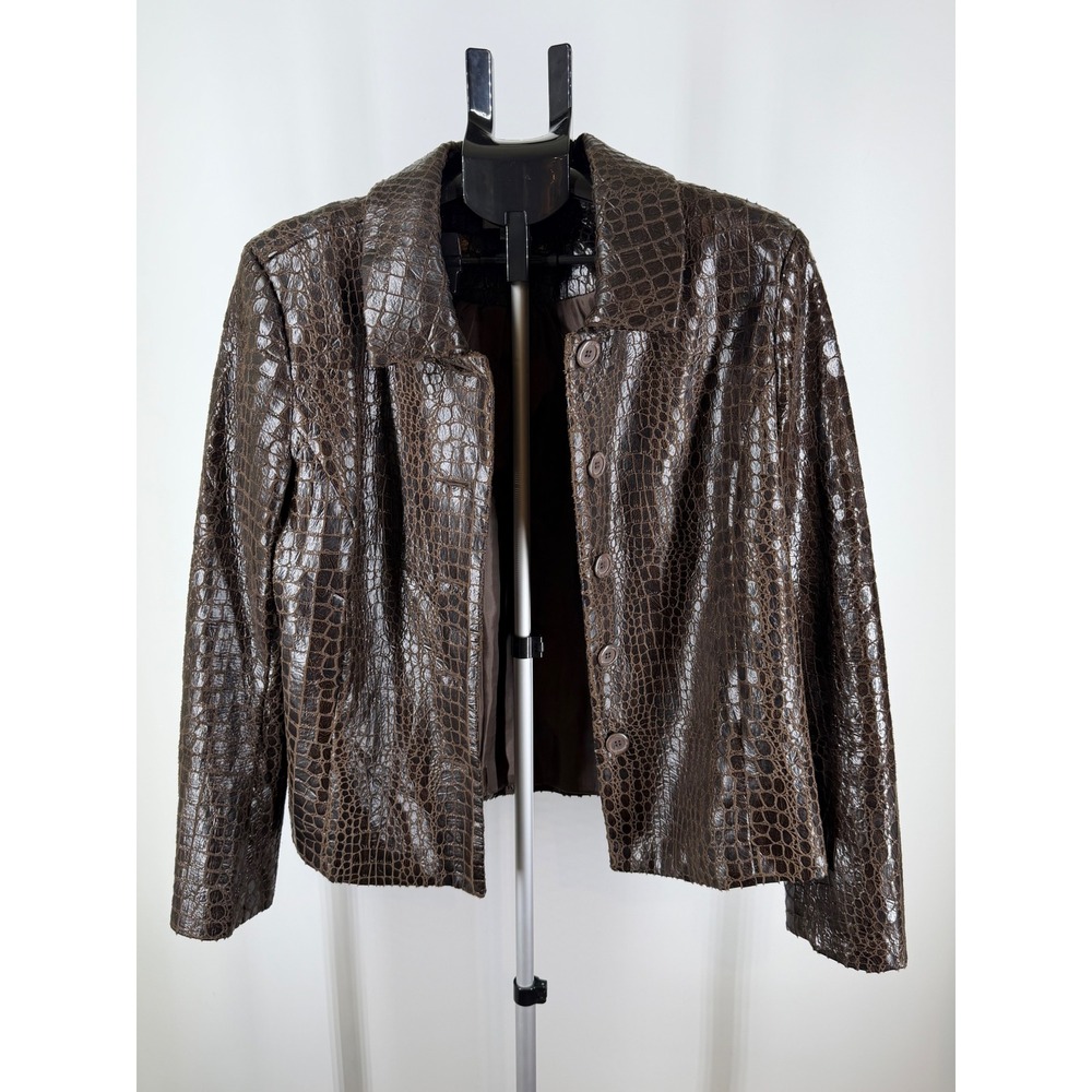 Erin by Erin London Brown Crocodile Embossed Faux Leather Jacket Womens L